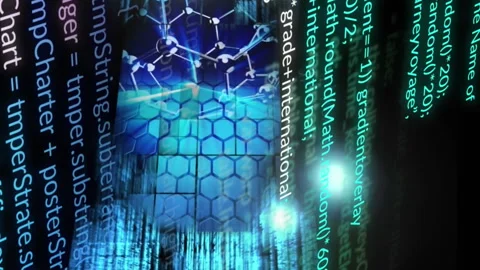 Animation of molecule structures and computer language with lens flares over Stock Footage 314614655