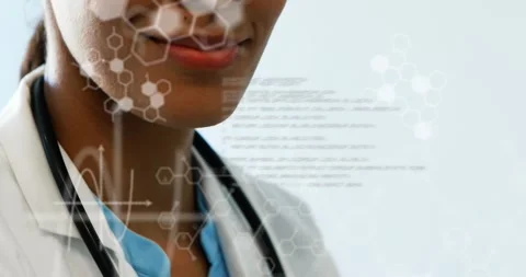 Animation of molecule structures and computer language, female doctor standing Stock Footage 326034627