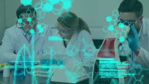 Animation of molecule structures and computer language, diverse scientists Stock Footage 327275320