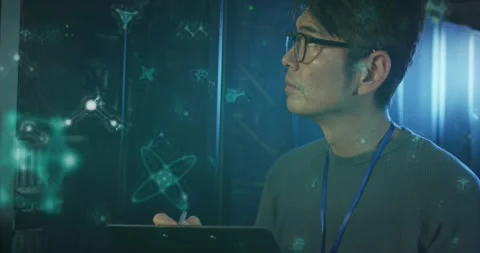 Animation of molecule structures, asian man checking data server using digital Stock Footage 330400212