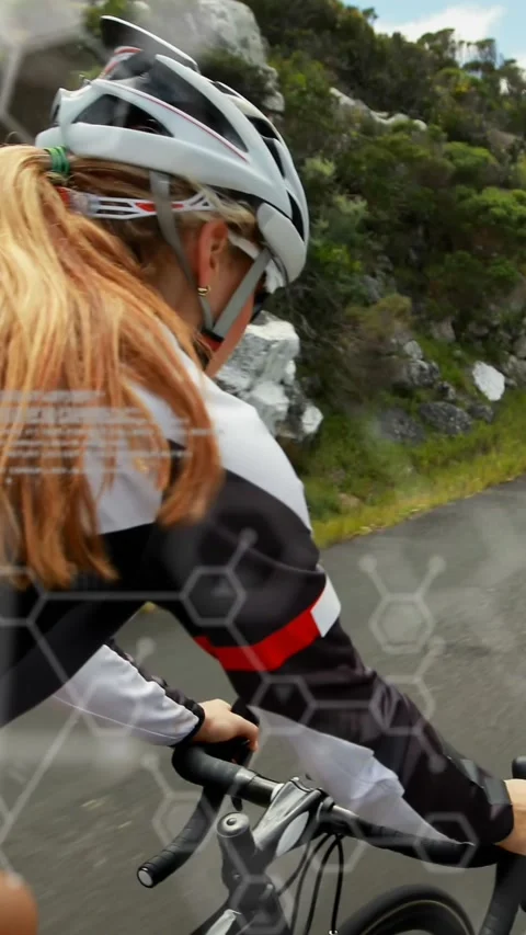 Animation of molecule structures, computer language caucasian female cyclist Stock Footage 321039558