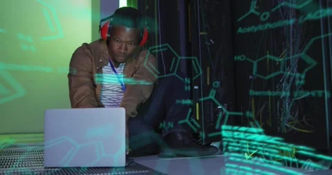 Animation of molecule structures, computer language, african american man with Stock Footage 329123880