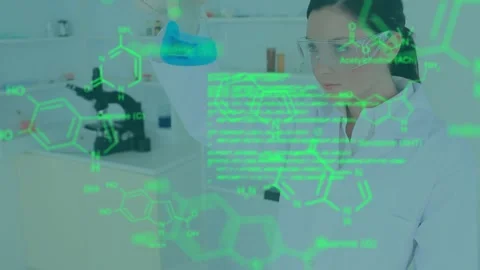 Animation of molecule structures, computer language, caucasian female researcher Stock Footage 329690268