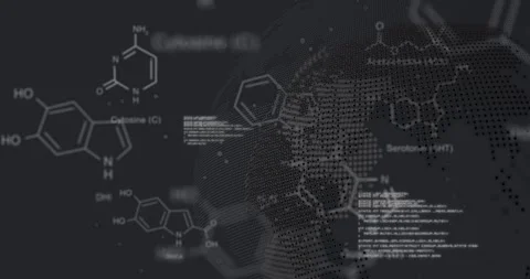 Animation of molecule structures, computer language over dots on globe against Stock Footage 330052454