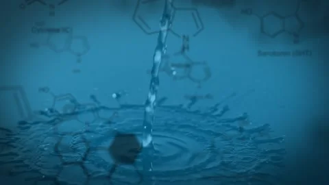 Animation of molecule structures over water falling on surface against blue Stockbeeldmateriaal 328408620