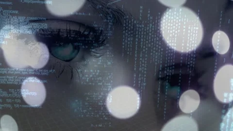 Animation of molecules and binary coding over caucasian female eye Video stock 329706583