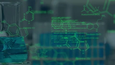 Animation of molecules and data processing over caucasian empty lab Stock Footage 326405627