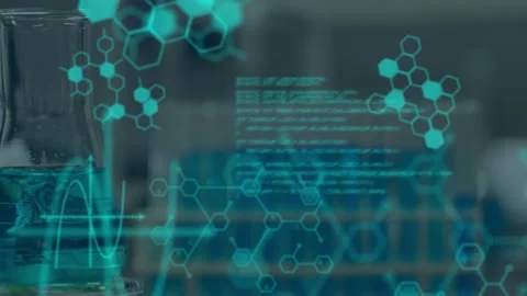 Animation of molecules and data processing over empty lab Stock Footage 328359487