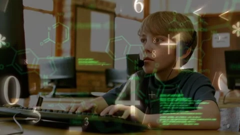 Animation of molecules and data processing over caucasian boy using computer Stock Footage 328585824