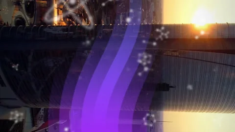 Animation of molecules and purple trails over landscape Stock Footage 313001765