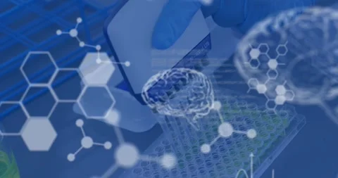 Animation of molecules brains, computer language over cropped hand injecting Stock Footage 244735367