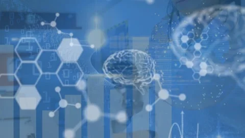 Animation of molecules, digital brains and computer language over biracial woman Stock Footage 240260000
