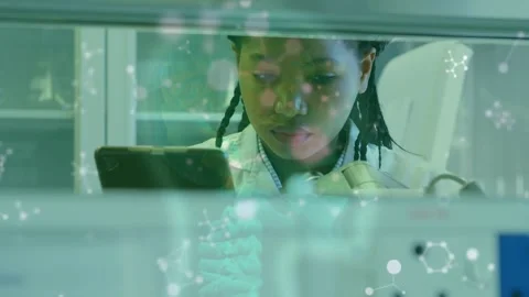 Animation of molecules floating over african american female lab worker using Stock Footage 328926809