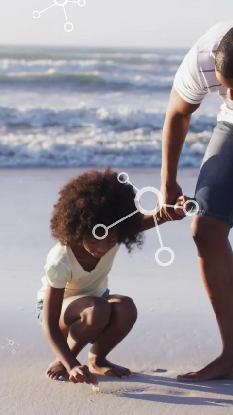 Animation of molecules over african american afather and son picking up shells 스톡 동영상 343504340