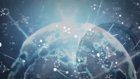 Animation of molecules over data processing, globe and clock Vidéo 165315335