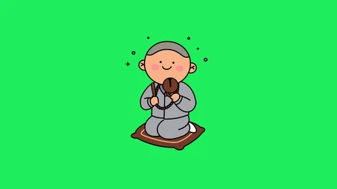 Animation monk sitting praying on green background Stock Footage 129135983