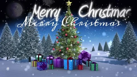 Animation of moon, christmas tree with gift boxes, falling snow, coniferous tree Stock Footage 327586539