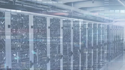Animation of mosaic sqaures and microprocessor connections against computer Video stock 241349863