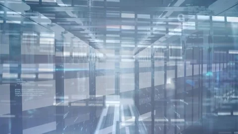 Animation of mosaic squares and data processing against computer server room Vídeos de archivo 329568586