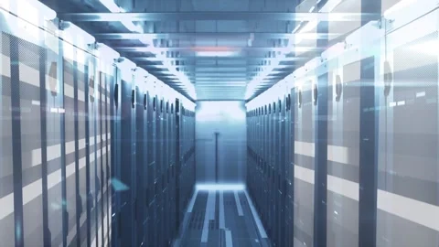Animation of mosaic squares and light trails over empty computer server room Stock Footage 329030830