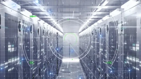 Animation of mosaic squares and scope scanning over empty computer server room Stock Footage 327199792