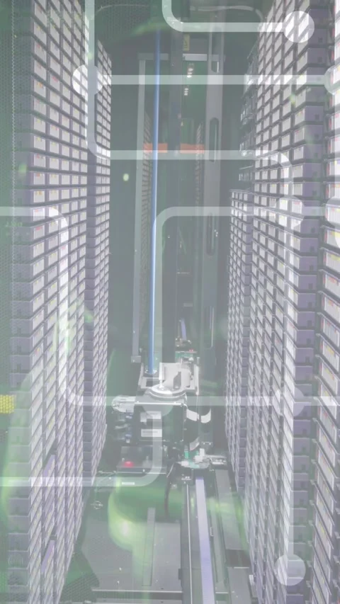 Animation of motherboard circuit over computer server room Stock Footage 343867048