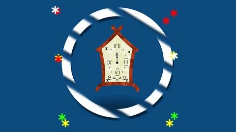 Animation motion of the cartoon clock, firework of falling snowflakes. 4K video Stock Footage 121592844