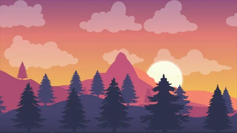 Animation Of Mountain Landscape With Pine Trees Sunset And Clouds, Cartoon B 動画素材 256786337