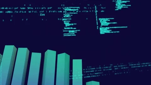 Animation of moving 3d bar graph and computer language against black background Stock Footage 257088375
