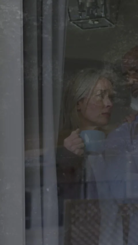 Animation of moving background over sad senior diverse couple embracing Vídeo Stock 342315985