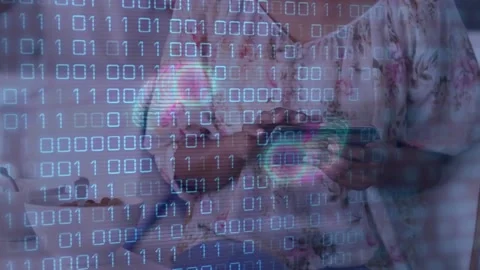 Animation of moving circles and binary codes over african american girl using Stock Footage 222211066