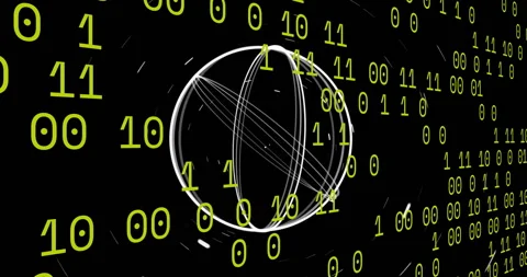 Animation of moving circles over binary codes against black background Stock Footage 310978538