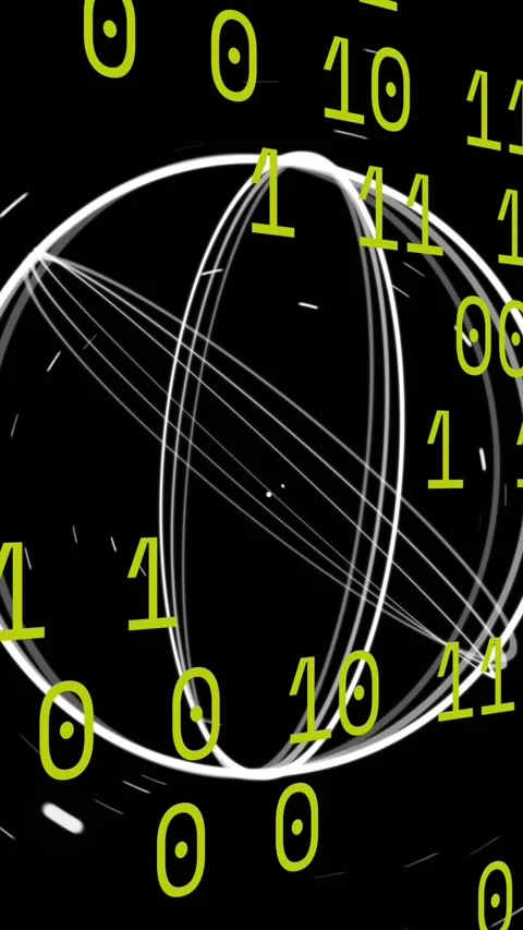 Animation of moving circles over binary codes against black background Stock Footage 344803096