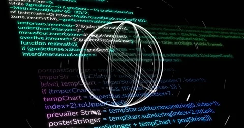 Animation of moving circles over computer language against black background Stock Footage 310978552
