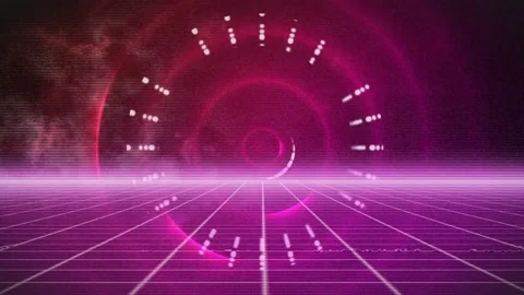 Animation of moving circles with rays over glowing grid pattern Stock Footage 221878303