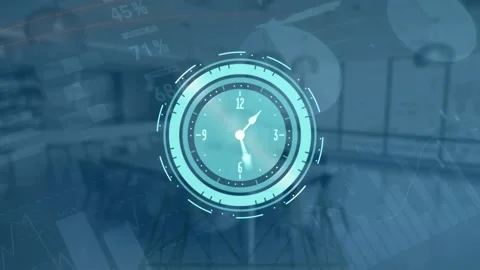 Animation of moving clock and financial data processing over empty office Stock Footage 208409582