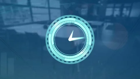 Animation of moving clock and financial data processing over empty office Stock Footage 208409590