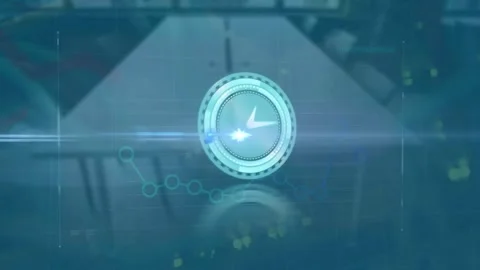 Animation of moving clock and financial data processing over empty office Stock Footage 208409596