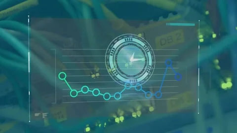 Animation of moving clock and graph over server Stock Footage 208411670