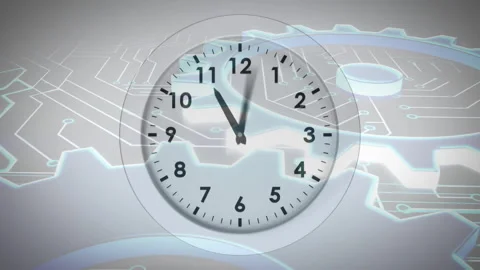 Animation of moving clock over computer circuit board and cog wheels on white 動画素材 257523665