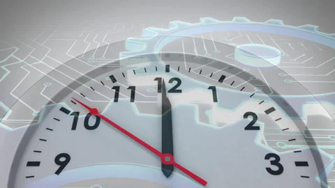 Animation of moving clock over computer circuit board and cog wheels on white 動画素材 257523667