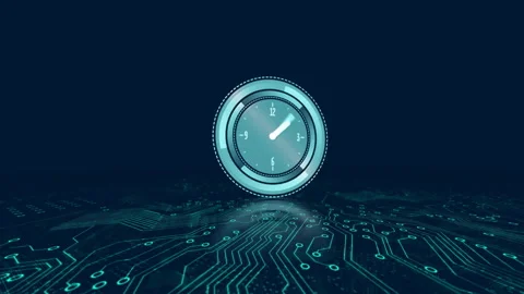 Animation of moving clock over computer circuit board on black background Stock Footage 310408083