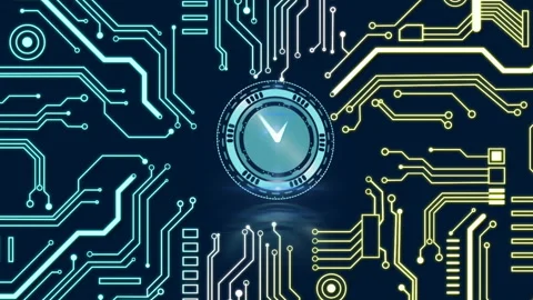 Animation of moving clock over computer circuit board on black background Stock Footage 310408091