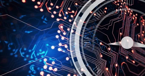 Animation of moving clock over computer circuit board on black background Video stock 310590113