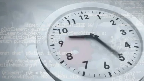 Animation of moving clock over data processing and cog wheels on white 動画素材 257523622