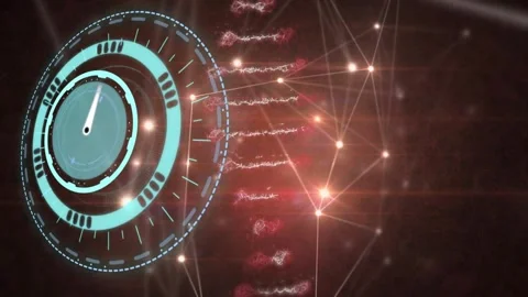 Animation of moving clock over dna chain and brown space with lights Stock Footage 329970946