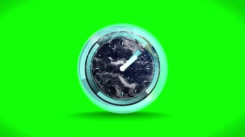 Animation of moving clock over globe and shapes on green background Stock Footage 327784321
