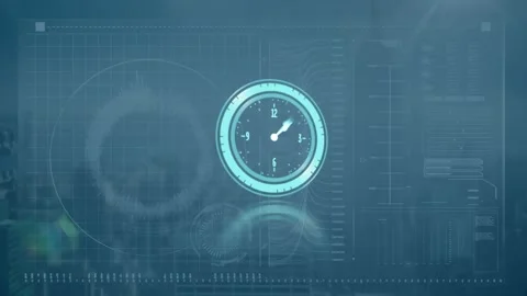 Animation of moving clock over graph and data processing on blue background Stock Footage 328014528