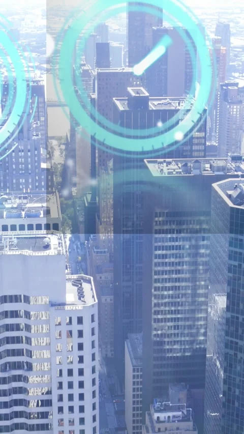 Animation of moving clocks and molecules over cityscape Stock Footage 343828868