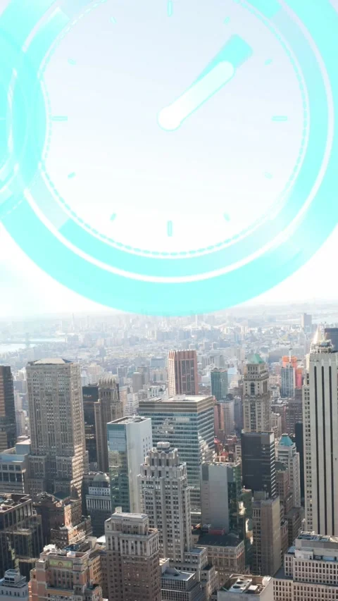 Animation of moving clocks and social media icons over cityscape Stock Footage 343902485